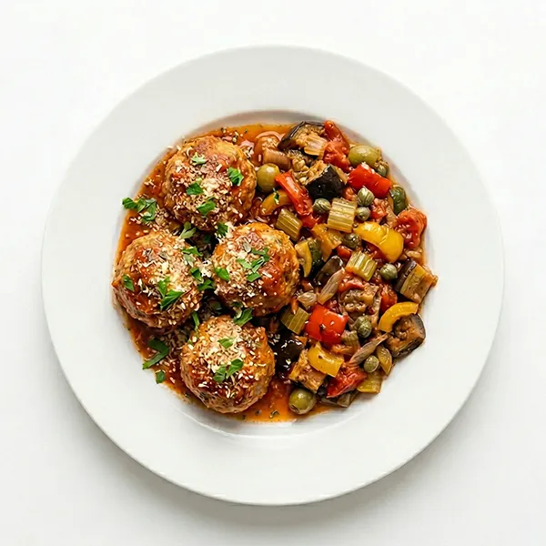 Parmesan and Garlic meatballs with caponata vegetables